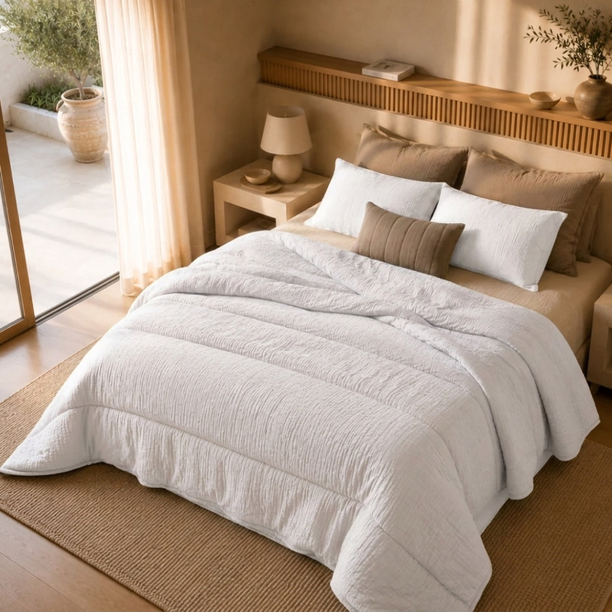 Mousseline dekbed Wit, op bed in een lichte slaapkamer
