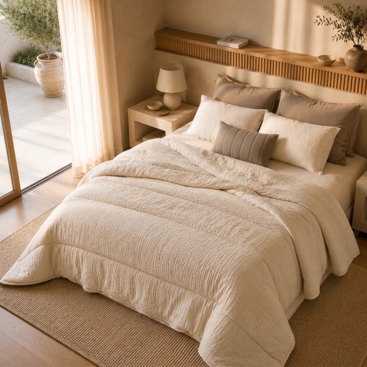 Mousseline dekbed Off white, op bed in een lichte slaapkamer