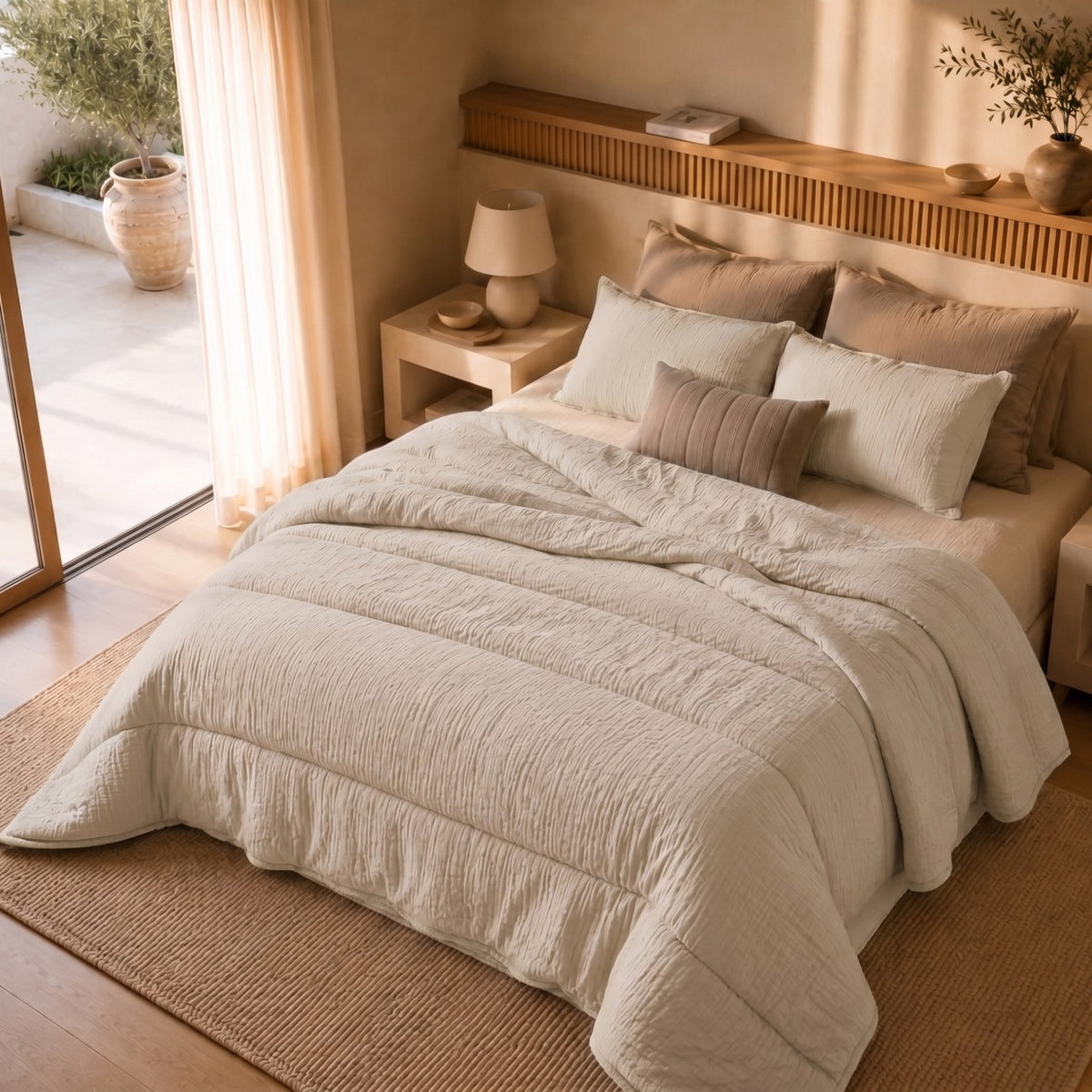 Mousseline dekbed Zand, op bed in een lichte slaapkamer