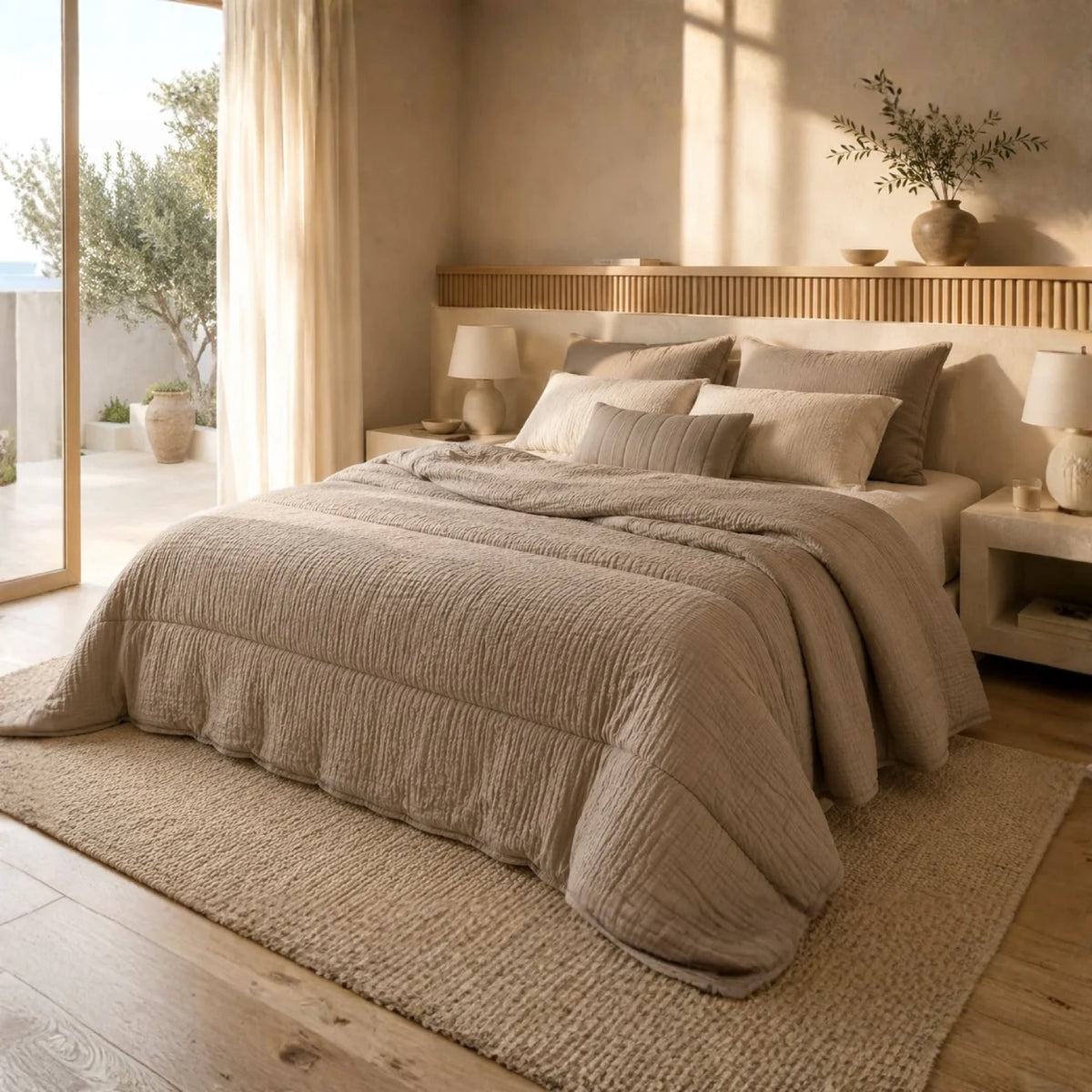 Mousseline dekbed Taupe, opgemaakt bed van opzij