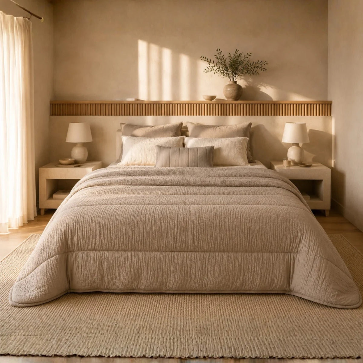 Mousseline dekbed Taupe, opgemaakt bed van voren