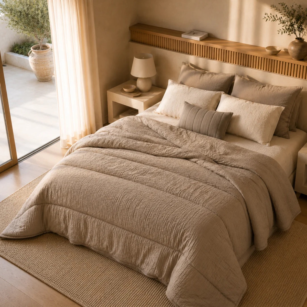 Mousseline dekbed Taupe, op bed in een lichte slaapkamer