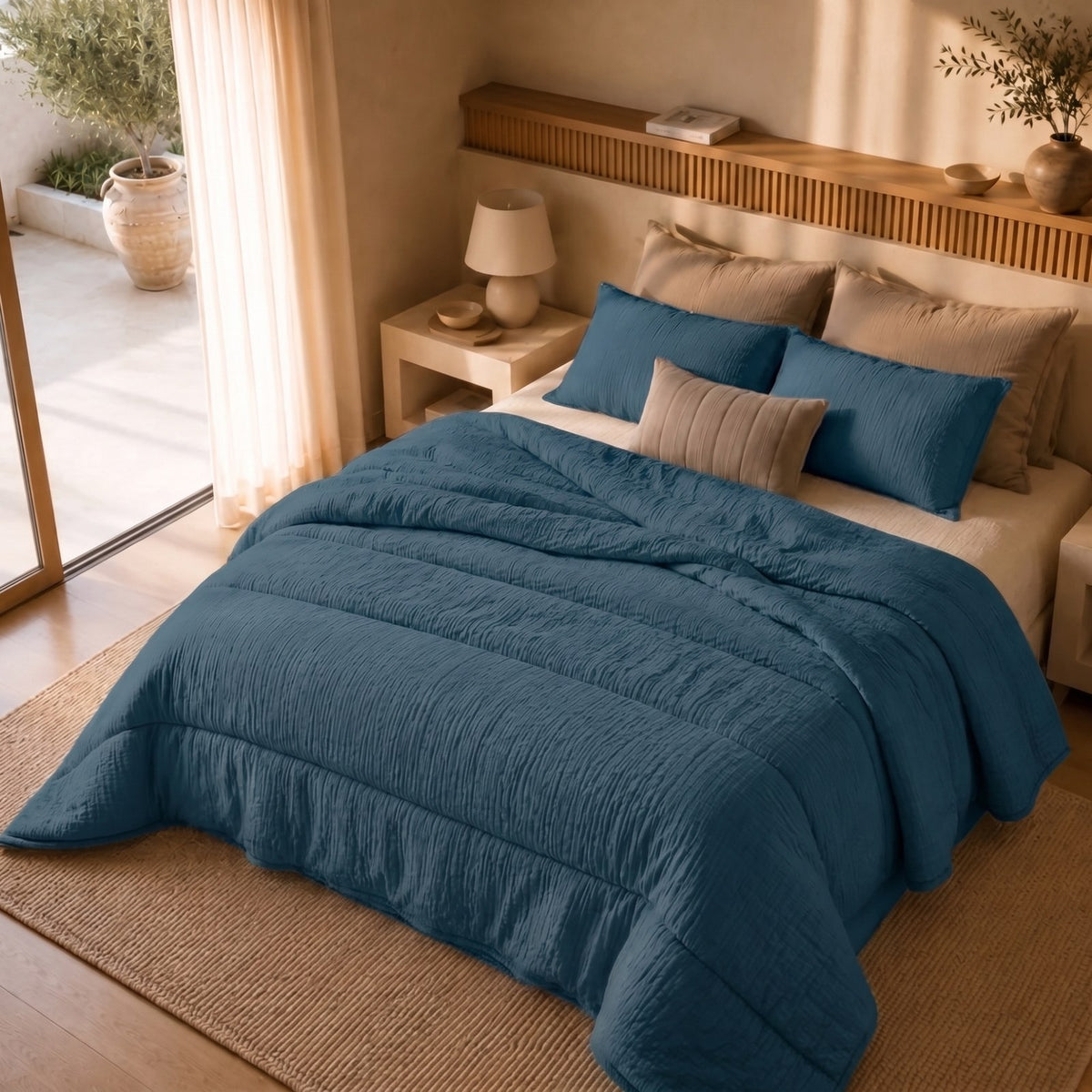 Mousseline dekbed Petrol, op bed in een lichte slaapkamer