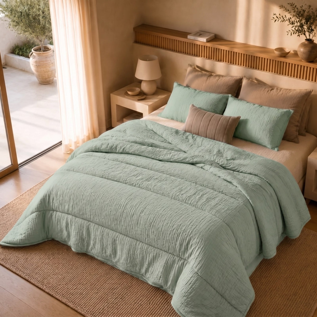 Mousseline dekbed Mosgroen, op bed in een lichte slaapkamer