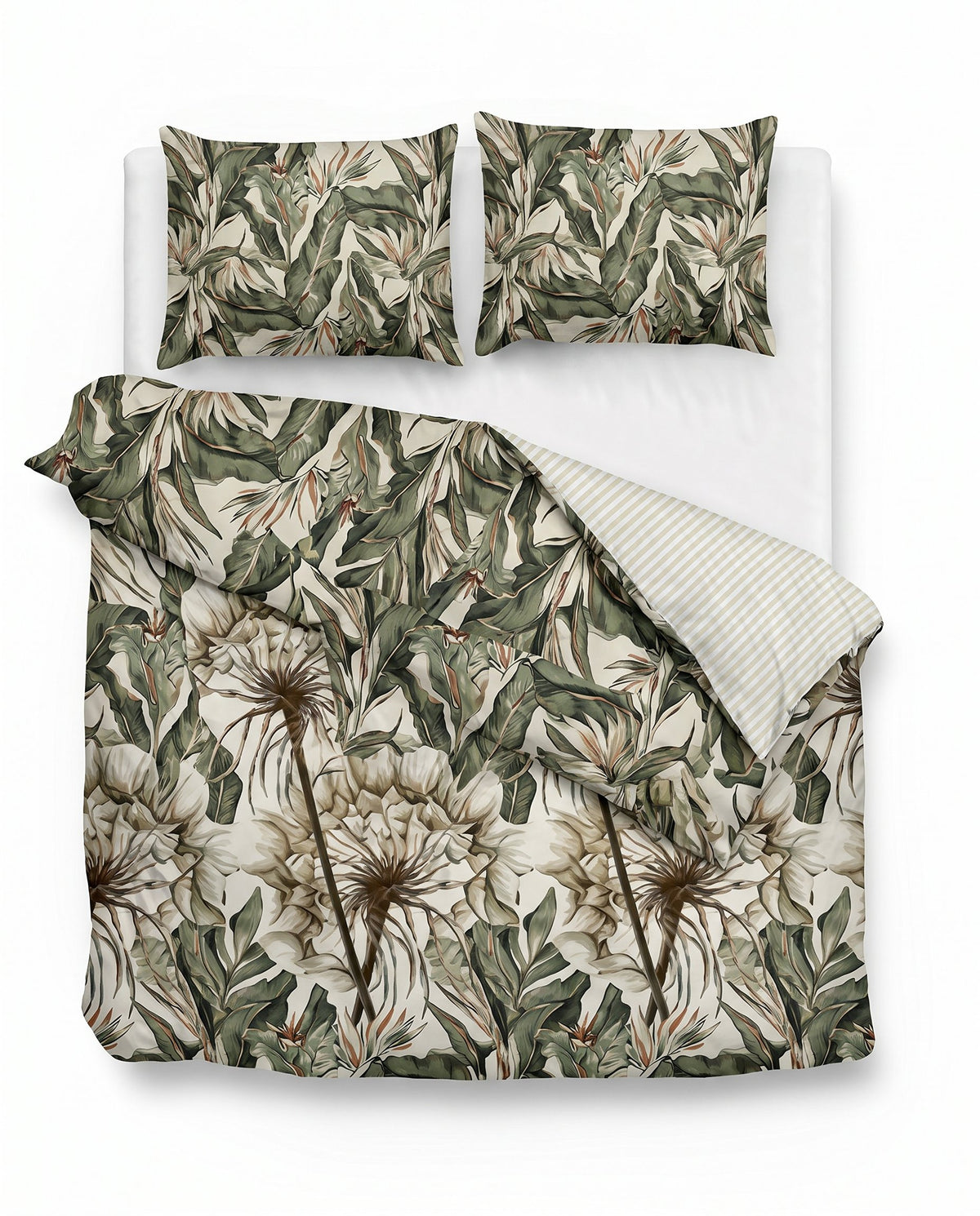 Print dekbed Floral Green van bovenaf op bed