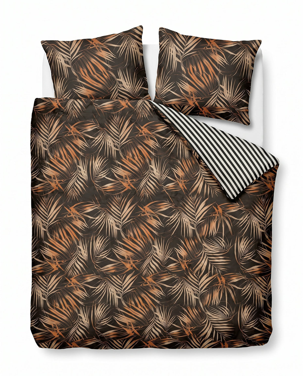 Print dekbed Orange Leafs van bovenaf op bed