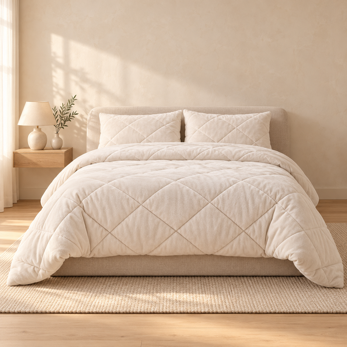 VANBRUINN Velvet Winterdekbed Pearl White op bed